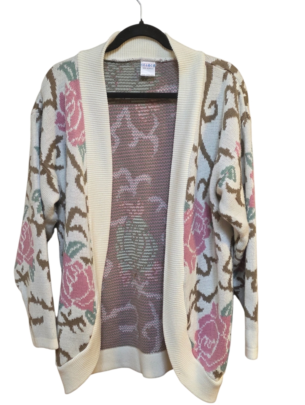 Vintage 80s Floral Knit Cardigan Made in England Cabbage Rose Cottagecore